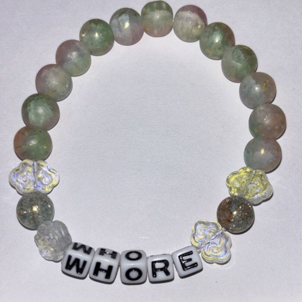 Handmade Green Beaded Letter Charm Bracelet W* Stretch Elastic Stacking Novelty